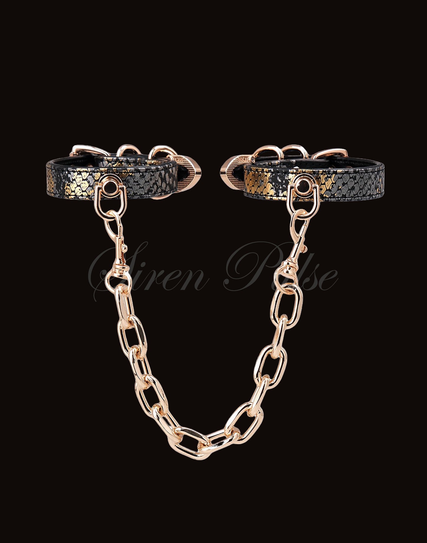Siren Pulse GILT BIND gold chain handcuffs with snake print and gold buckles