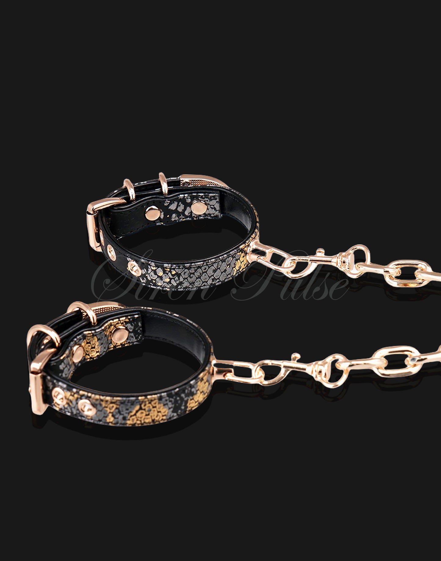 Siren Pulse GILT BIND gold chain handcuffs with snake print and gold buckles