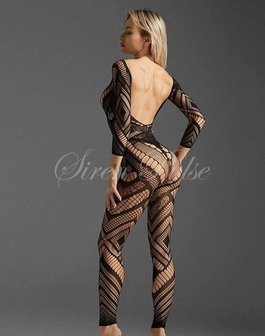 Siren Pulse Seductive fishnet bodystocking with high neck, V-shaped bodice, and alluring patterns that enhance curves and create an irresistible, captivating look