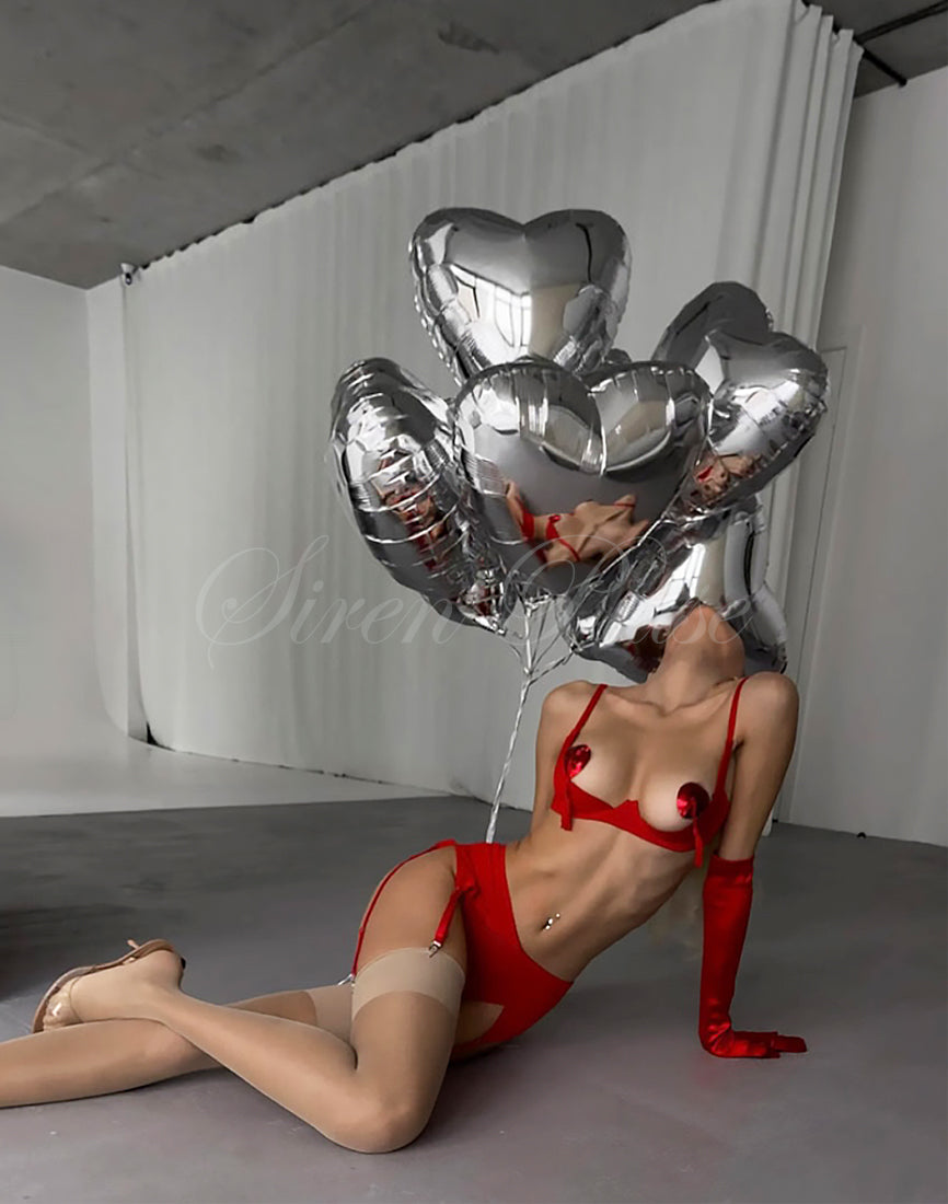 Siren Pulse BDSM Sexy Slutty Red Lingerie, Seethrough sheer lace lingerie set