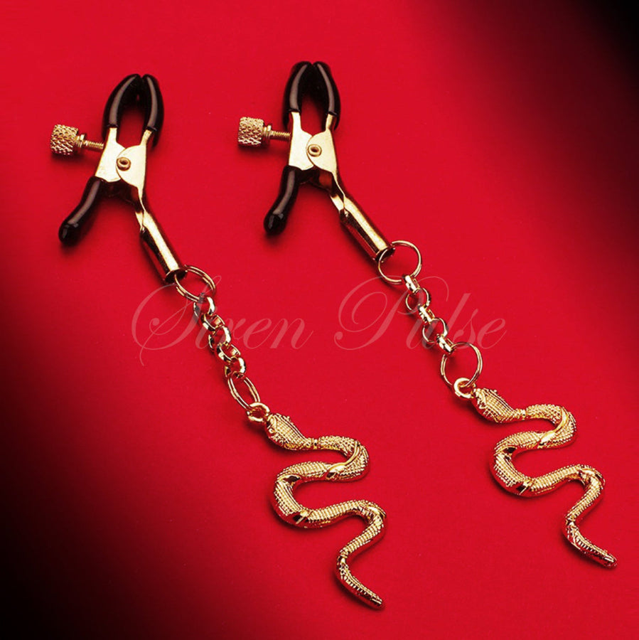 Gold snake nipple clamps with silicone tips by Siren Pulse – adjustable BDSM adult sensory toy for nipple play and power dynamics