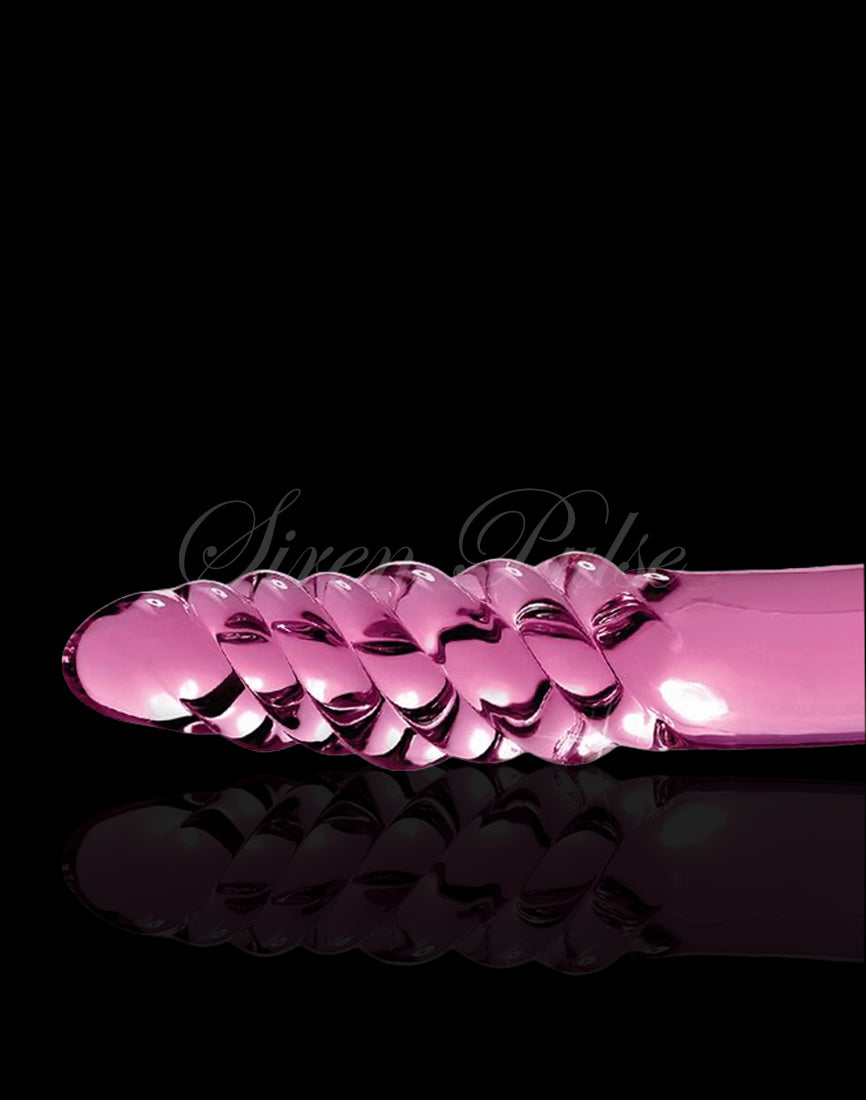 Pink double ended glass dildo for dual play by Siren Pulse – double sided toy with smooth curved ends for versatile temperature-based pleasure