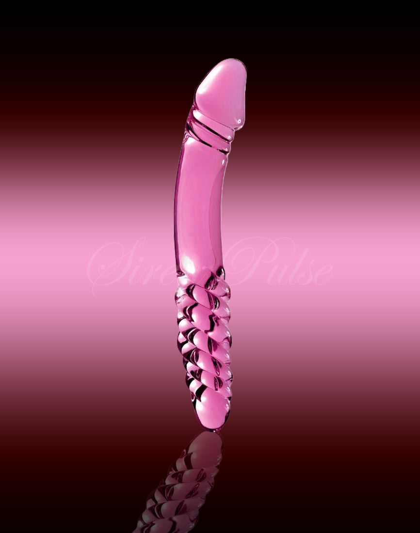 Pink double ended glass dildo for dual play by Siren Pulse – double sided toy with smooth curved ends for versatile temperature-based pleasure