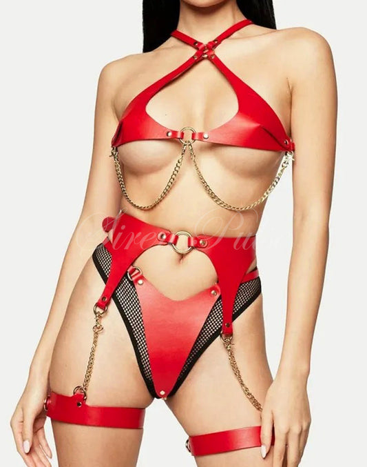 Siren Pulse Crimson Chains Body Harness – Red Leather with Metal Chains