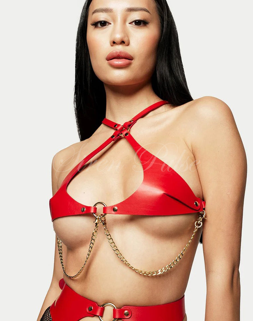 Siren Pulse Crimson Chains Body Harness – Red Leather with Metal Chains