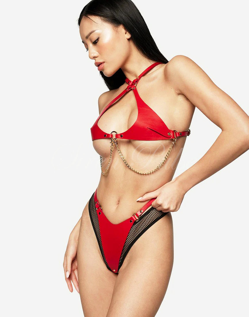 Siren Pulse Crimson Chains Body Harness – Red Leather with Metal Chains