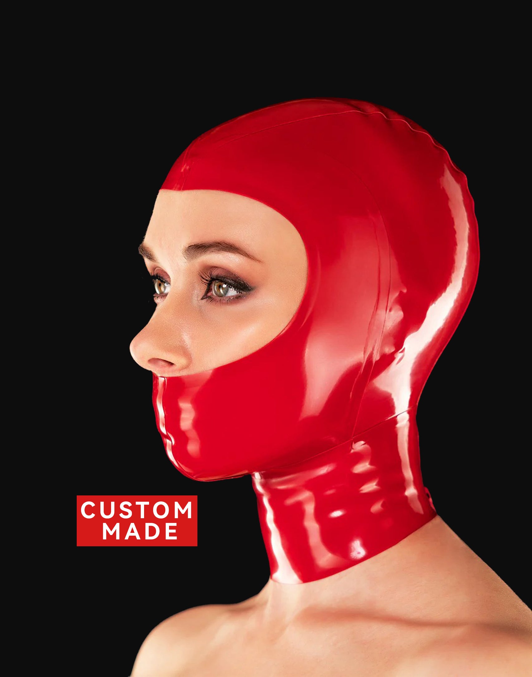 Siren Pulse custom BDSM latex hood with sealed mouth, open eyes, and tailored fit in fetish color of choice