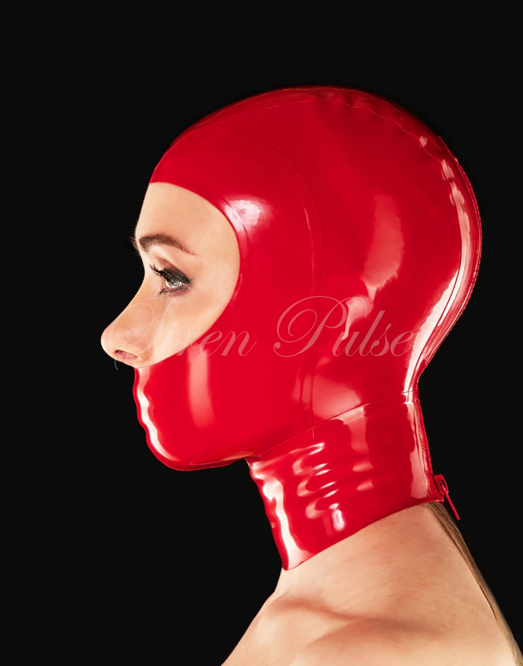Siren Pulse custom BDSM latex hood with sealed mouth, open eyes, and tailored fit in fetish color of choice