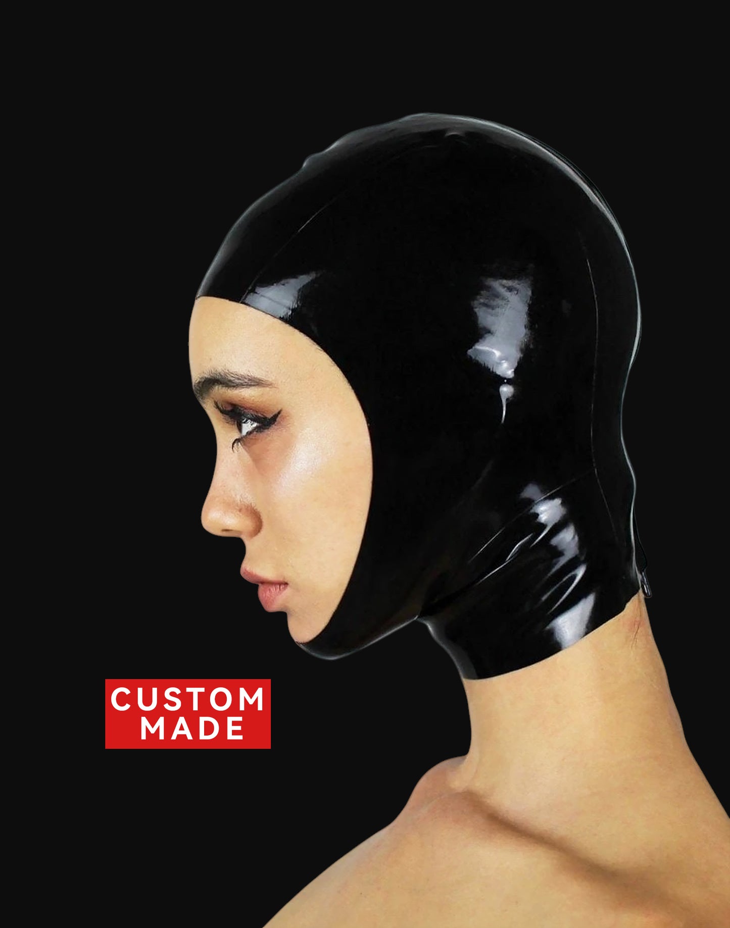Siren Pulse custom open-face latex hood with rear zipper, black gloss finish, tailored fit for fetish object play and visual restraint