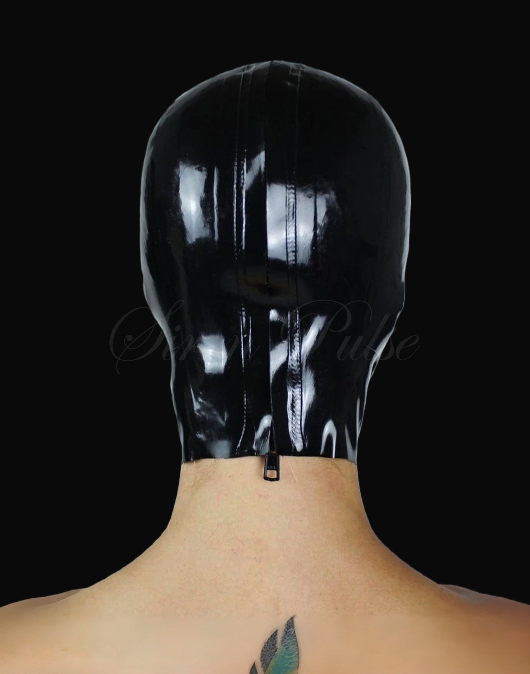 Siren Pulse custom open-face latex hood with rear zipper, black gloss finish, tailored fit for fetish object play and visual restraint