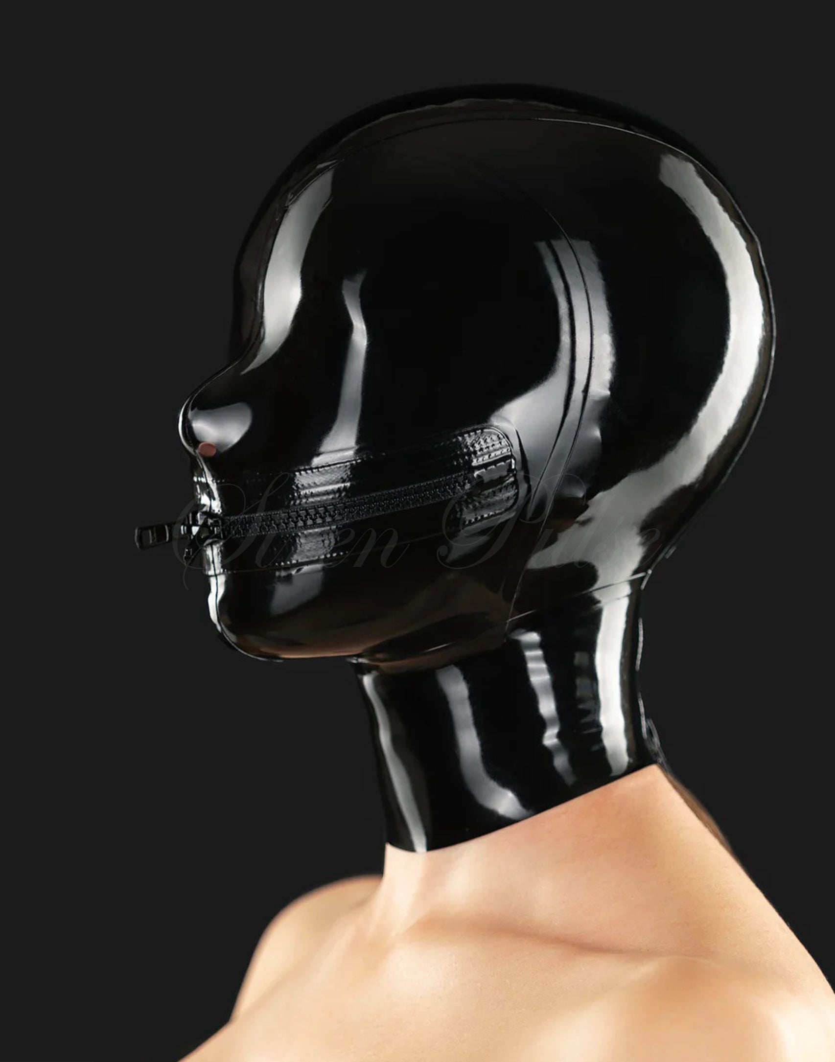 Siren Pulse full face latex hood with zippered mouth and no eye , designed for BDSM, fetish masking, and custom latex enclosure play