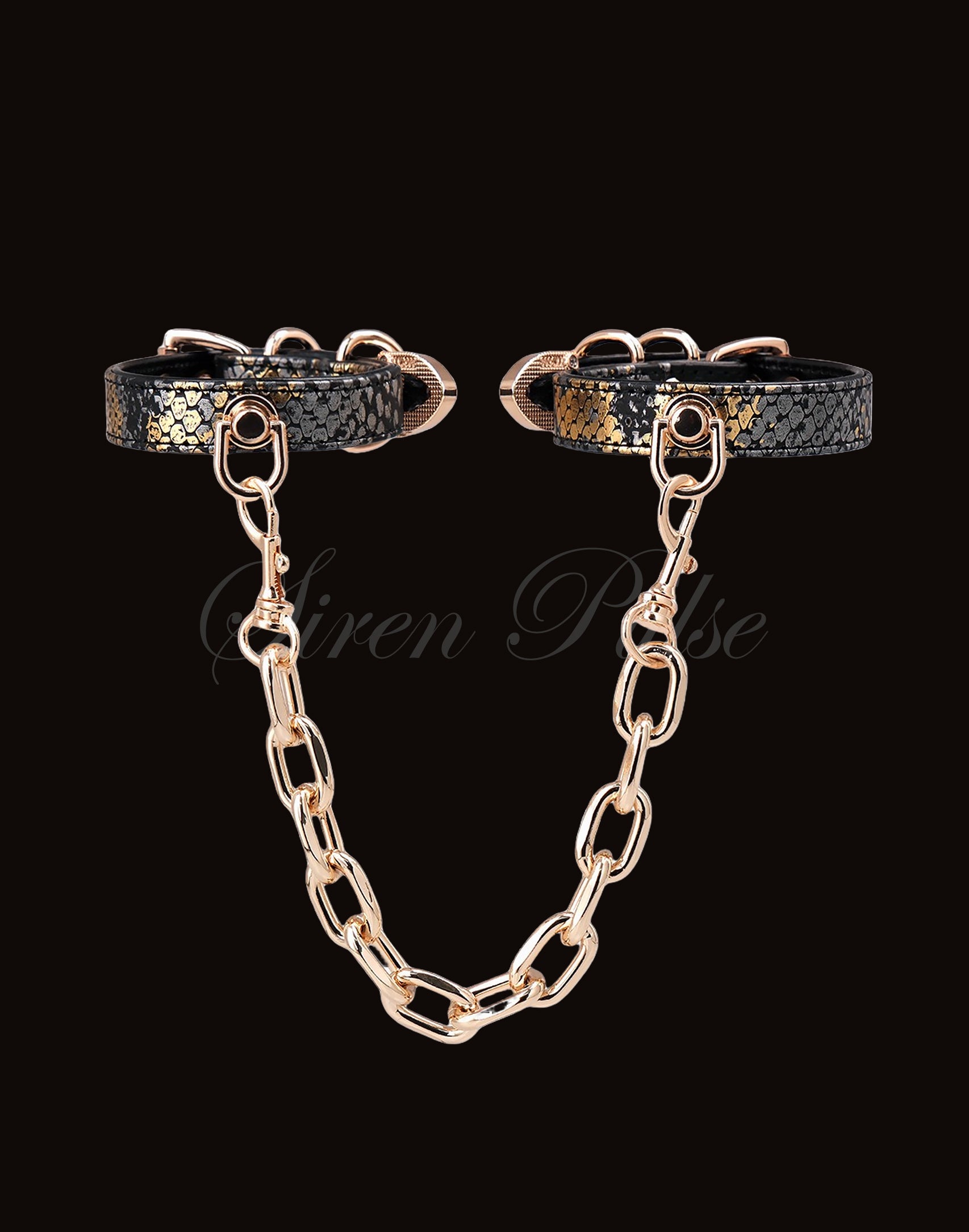 Siren Pulse GILT BIND gold chain handcuffs with snake print and gold buckles
