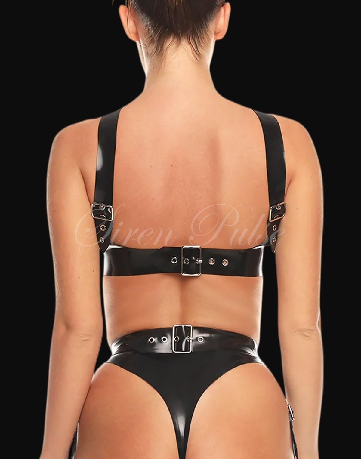 Siren Pulse latex top with criss-cross open bust design, handmade latex lingerie piece for femdom and fetish dressing