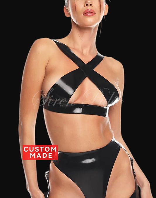 Siren Pulse latex top with criss-cross open bust design, handmade latex lingerie piece for femdom and fetish dressing