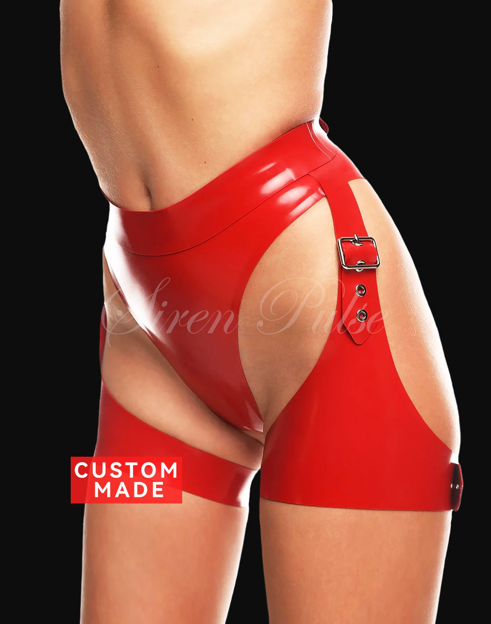 Siren Pulse latex femdom garter belt with buckle thigh straps and high-waist latex waistband, designed for BDSM lingerie styling and fetish control scenes