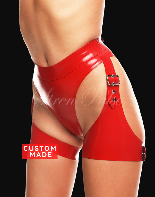 Siren Pulse latex femdom garter belt with buckle thigh straps and high-waist latex waistband, designed for BDSM lingerie styling and fetish control scenes
