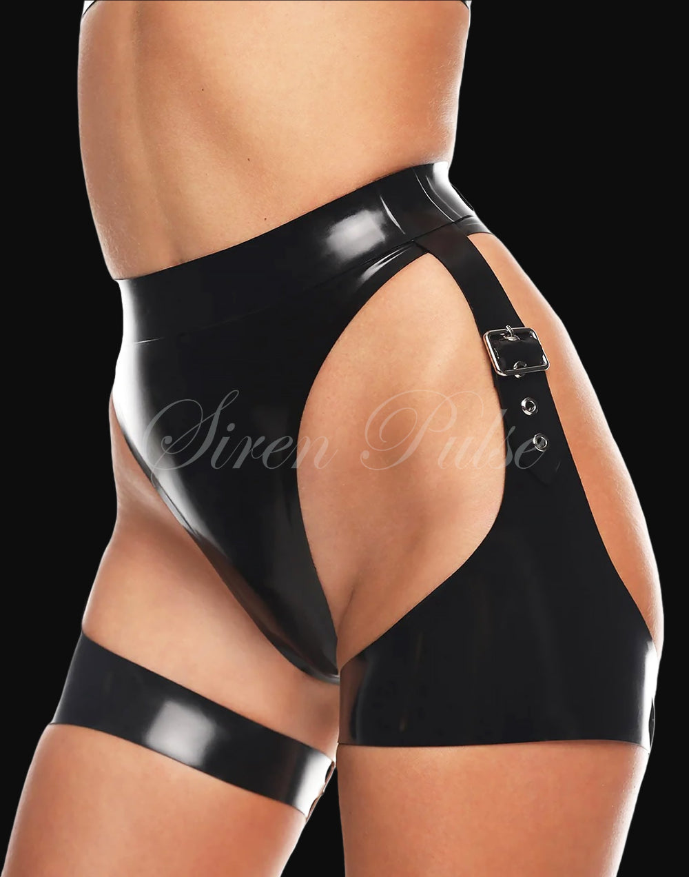 Siren Pulse latex femdom garter belt with buckle thigh straps and high-waist latex waistband, designed for BDSM lingerie styling and fetish control scenes