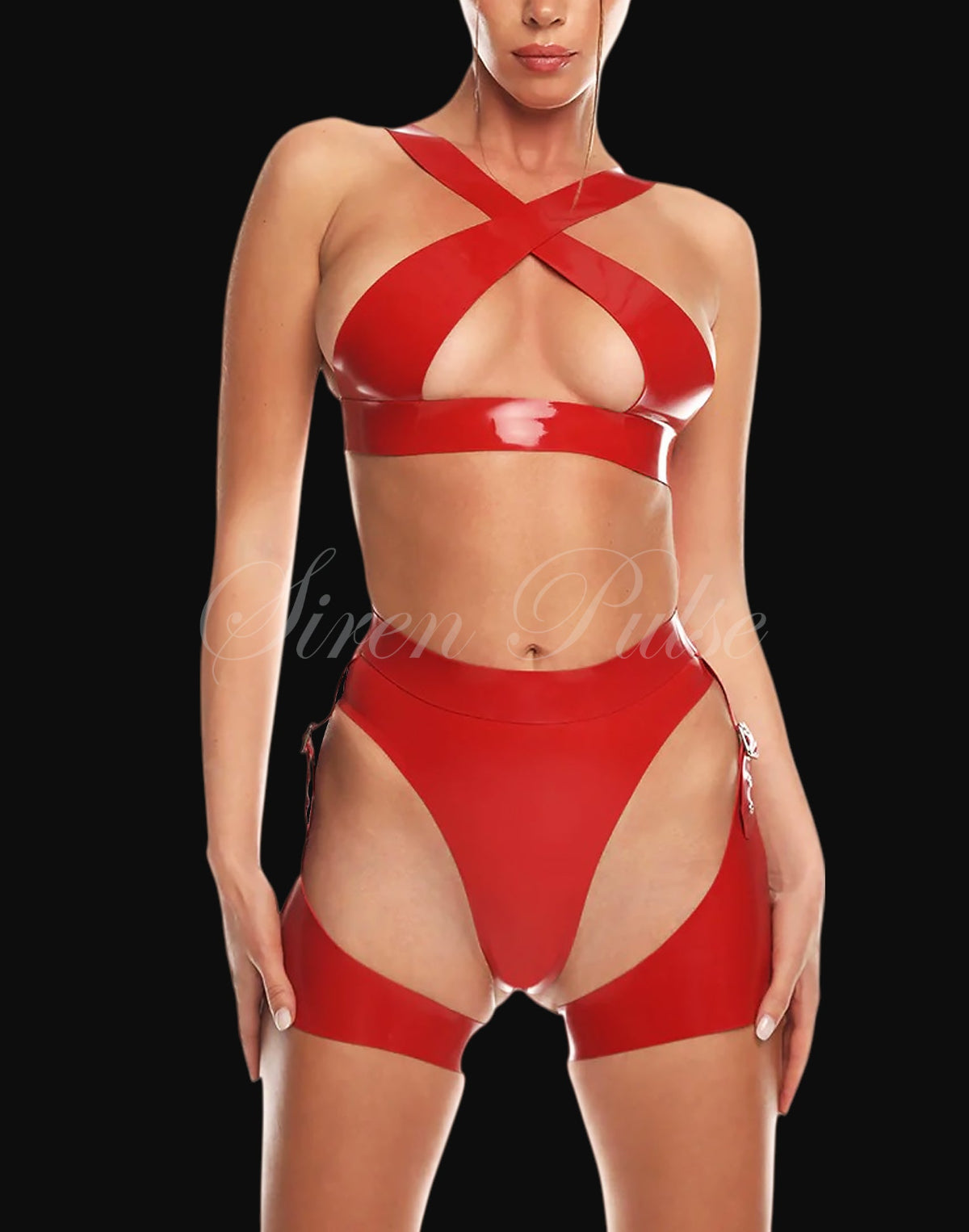 Siren Pulse latex femdom garter belt with buckle thigh straps and high-waist latex waistband, designed for BDSM lingerie styling and fetish control scenes