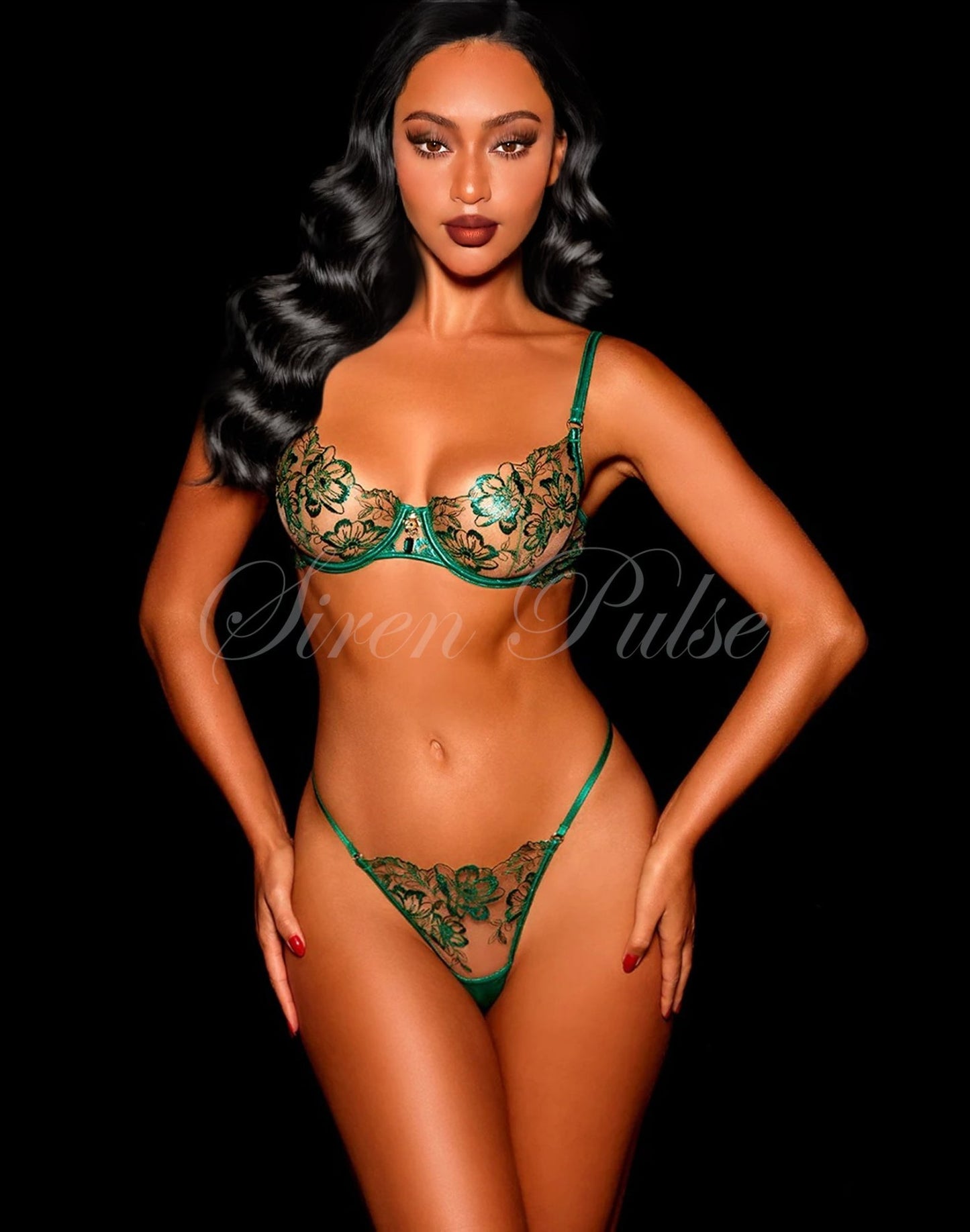 Siren Pulse Part My Seductive Forest Green Lingerie Set: see-through lace, perfect for a sexy holiday Christmas look.