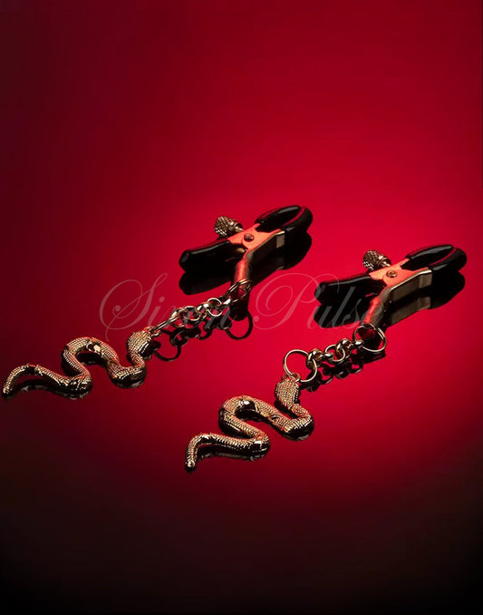 Gold snake nipple clamps with silicone tips by Siren Pulse – adjustable BDSM adult sensory toy for nipple play and power dynamics