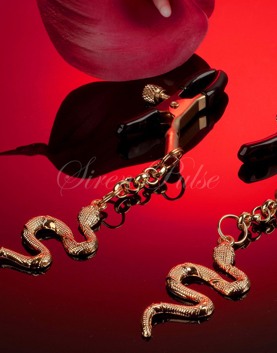 Gold snake nipple clamps with silicone tips by Siren Pulse – adjustable BDSM adult sensory toy for nipple play and power dynamics