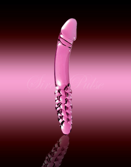 Pink double ended glass dildo for dual play by Siren Pulse – double sided toy with smooth curved ends for versatile temperature-based pleasure