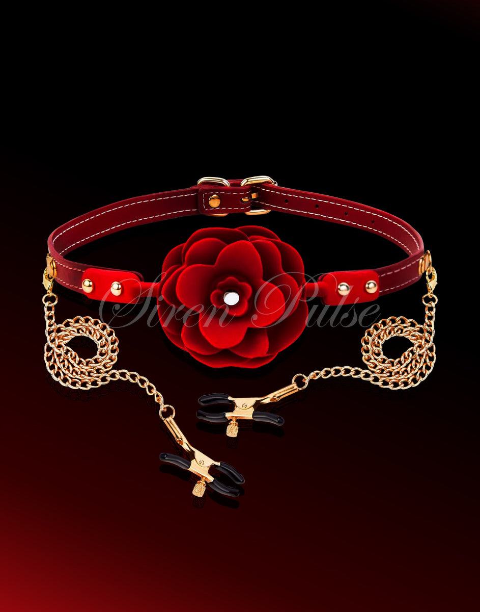 Siren Pulse rose sex toy set with red ball gag, nipple clamps, and bondage gear for advanced BDSM pleasure play